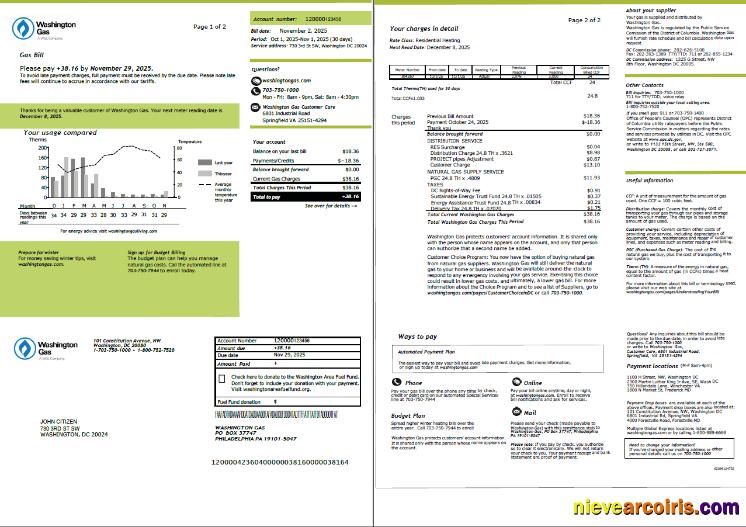 USA Washington Gas utility bill, 2 pages